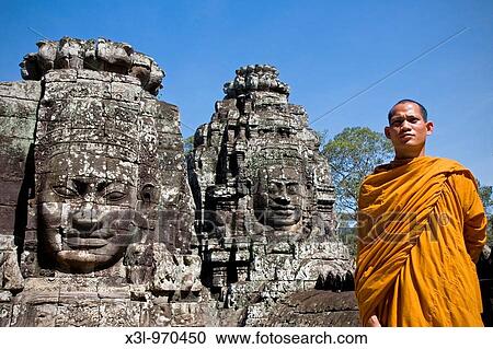 Monk in Temples of Bayon Angkor site Cambodia View Large Photo Image Stock Image - Monk in Temples of Bayon Angkor site Cambodia. Fotosearch