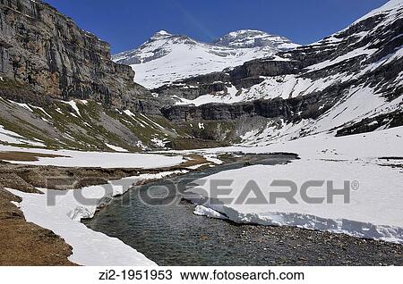 Stock Image - Monte Perdido raises above Circo de Soaso, in Ordesa National Park. Huesca, Spain.. Fotosearch