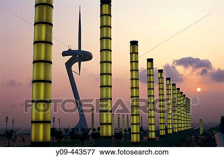 Montjuic Communications Tower (Torre Telef? nica) by Santiago Calatrava (1991) and street lamps in the afternoon, Anella Ol? mpica. Barcelona. Catalonia, Spain View Large Photo Image Stock Photo - Montjuic Communications Tower (Torre Telef? nica) by Santiago Calatrava (1991) and street lamps in the afternoon, Anella Ol? mpica. Barcelona. Catalonia, Spain. Fotosearch