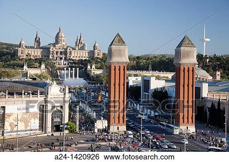 Montjuich National Palace and fountains, Venetian Towers, Pla? a d? Espanya square, Barcelona, Catalonia, Spain View Large Photo Image Stock Photograph - Montjuich National Palace and fountains, Venetian Towers, Pla? a d? Espanya square, Barcelona, Catalonia, Spain. Fotosearch