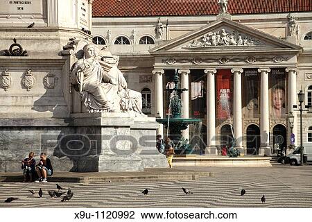 Monument and fountain in front of the National theater Dona Maria II on the square Praca de Dom Pedro IV or Rossio in Lisbon, Portugal, Europe View Large Photo Image Stock Image - Monument and fountain in front of the National theater Dona Maria II on the square Praca de Dom Pedro IV or Rossio in Lisbon, Portugal, Europe. Fotosearch