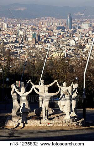 Monument to the? sardana? (typical circle dance) and view of the city from the top of the mountain of Montjuic, Barcelona, Catalonia, Spain View Large Photo Image Stock Image - Monument to the? sardana? (typical circle dance) and view of the city from the top of the mountain of Montjuic, Barcelona, Catalonia, Spain. Fotosearch
