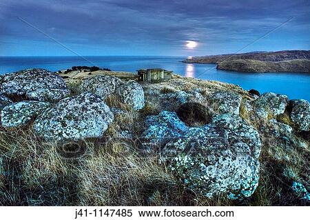 Stock Photography - Moonlight over Godley Head near entrance to Lyttelton harbour, WWII gun emplacements in trees below and old observation post in foreground, Christchurch, Banks Peninsula, Canterbury, New Zealand. Fotosearch