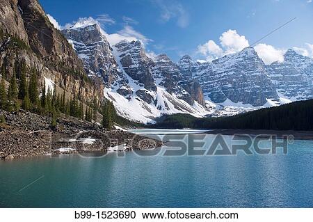 MORAINE LAKE WENNKCHEMNA PEAKS BANFF NATIONAL PARK ALBERTA CANADA View Large Photo Image Stock Image - MORAINE LAKE WENNKCHEMNA PEAKS BANFF NATIONAL PARK ALBERTA CANADA. Fotosearch