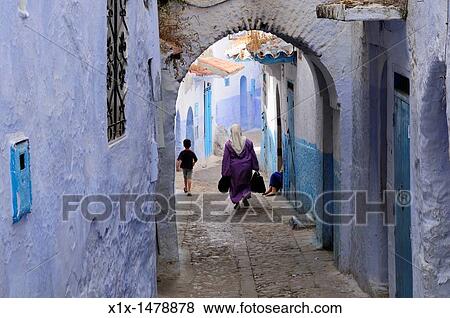 Morocco, Chefchaouen, Street Scene in the Medina View Large Photo Image Stock Photo - Morocco, Chefchaouen, Street Scene in the Medina. Fotosearch