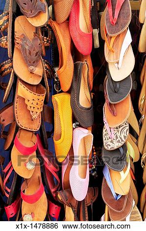 Morocco, Essaouira, Shoes and sandals for sale in the medina View Large Photo Image Stock Photograph - Morocco, Essaouira, Shoes and sandals for sale in the medina. Fotosearch