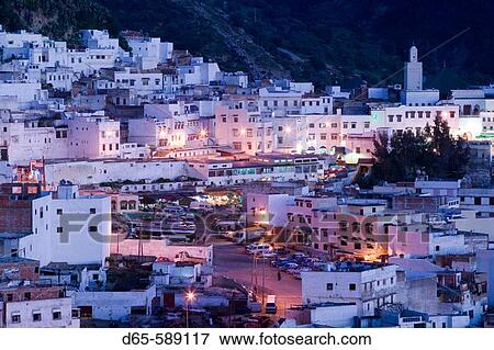Morocco-Moulay-Idriss: Town View / Evening View Large Photo Image Stock Photo - Morocco-Moulay-Idriss: Town View / Evening. Fotosearch