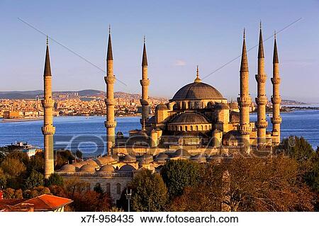 Mosque Sultan Ahmet Blue Mosque and Bosphorus strait, in background Asian side Istanbul Turkey View Large Photo Image Stock Photography - Mosque Sultan Ahmet Blue Mosque and Bosphorus strait, in background Asian side Istanbul Turkey. Fotosearch