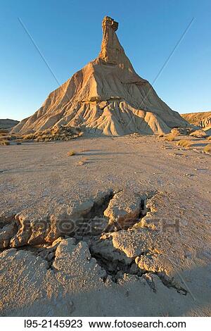 Stock Image - Most renowned cliff eroded by rainfall, symbol of the clay-only area of the natural park of Bardenas Reales de Navarra, Navarre, Spain.. Fotosearch