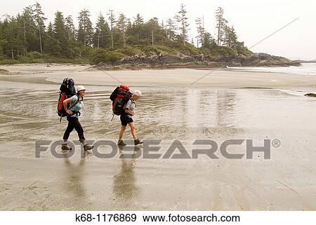 mother and daughter hike on the beach in the fog on Flores Island, Clayoquot Sound, BC, Canada View Large Photo Image Stock Photo - mother and daughter hike on the beach in the fog on Flores Island, Clayoquot Sound, BC, Canada. Fotosearch