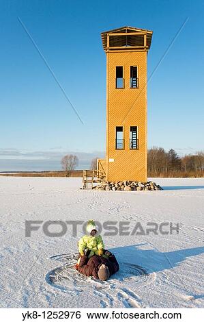 Stock Photograph - Mother and Daughter next to Lake V? rtsj? rv Bird Watching Tower, Viljandi County, Estonia, Europe. Fotosearch