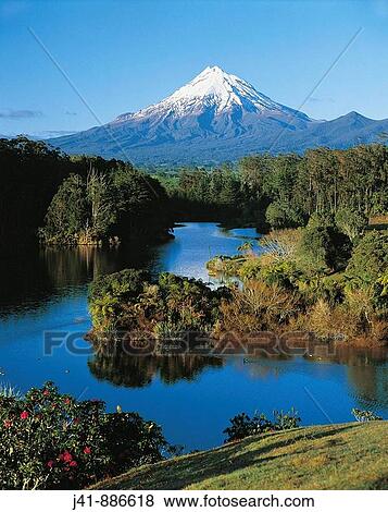 Stock Photo - Mount Taranaki from Lake Mangamahoe New Plymouth New Zealand. Fotosearch