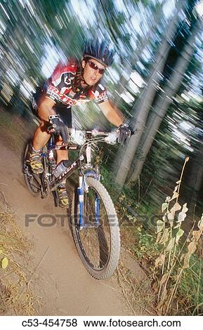 Stock Photo - Mountain biker in thick forest at Deer Valley. Utah, USA. Fotosearch