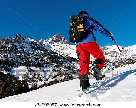 Stock Photo - Mountain climber trekking in Pineta Valley Ordesa National Park Huesca Aragon Spain. Fotosearch