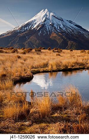 Stock Photograph - Mt Egmont / Taranaki, dawn reflection in small tarn set among tussock slopes of Pouakai range, Taranaki.. Fotosearch