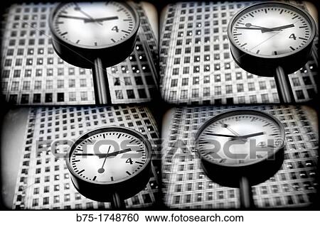 Stock Image - multi image with digital composition with clock in front a facade in Docklands, England, London, Canary Wharf, Cabot Square. Fotosearch