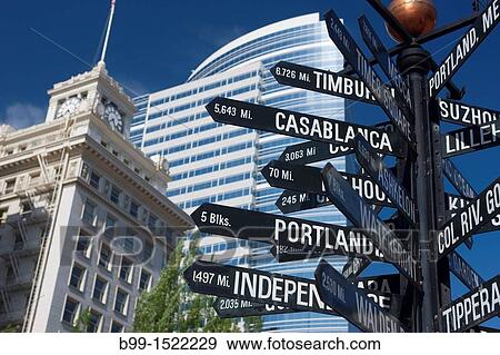 MULTI WORLD CITY DESTINATION SIGNPOST PIONEER COURTHOUSE SQUARE DOWNTOWN PORTLAND OREGON USA View Large Photo Image Stock Photo - MULTI WORLD CITY DESTINATION SIGNPOST PIONEER COURTHOUSE SQUARE DOWNTOWN PORTLAND OREGON USA. Fotosearch