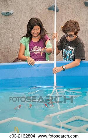 Multiracial middle school students in Mission Viejo, CA, test the remote operated submarine vehicles (ROV) they built in their robotics classroom in an outdoor pool. View Large Photo Image Picture - Multiracial middle school students in Mission Viejo, CA, test the remote operated submarine vehicles (ROV) they built in their robotics classroom in an outdoor pool.. Fotosearch