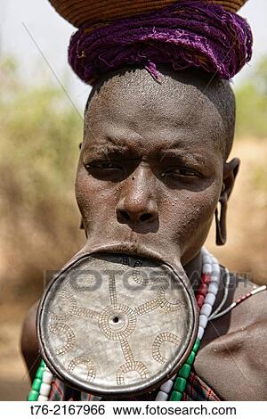 Mursi woman with lip plate in the Lower Omo Valley of Ethiopia. The Mursi girls have a fold cut in their lower lip as they enter womanhood, where a pulley is inserted, which then stretches the lip until larger plates can be put in. View Large Photo Image Stock Photograph - Mursi woman with lip plate in the Lower Omo Valley of Ethiopia. The Mursi girls have a fold cut in their lower lip as they enter womanhood, where a pulley is inserted, which then stretches the lip until larger plates can be put in.. Fotosearch