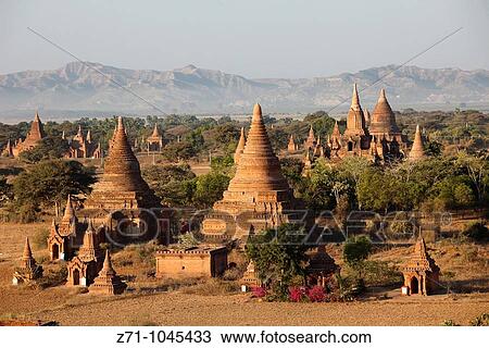 Stock Image - Myanmar, Burma, Bagan, temples, general aerial view,. Fotosearch