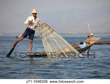 Stock Photo - Myanmar, Burma, Inle Lake, fisherman, leg rower,. Fotosearch