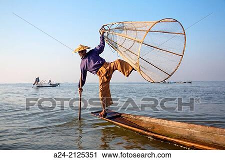 Stock Image - Myanmar, Inle Lake, Fishermen.. Fotosearch