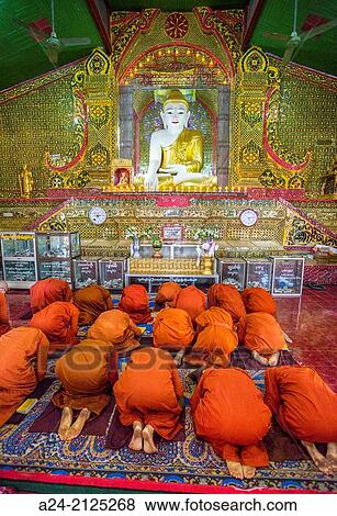 Myanmar, Mandalay City, Mandalay Hill, Sutaungpyei Pagoda, monks praying. View Large Photo Image Stock Photo - Myanmar, Mandalay City, Mandalay Hill, Sutaungpyei Pagoda, monks praying.. Fotosearch
