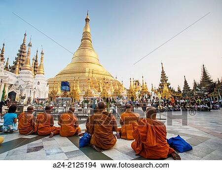 , Myanmar, Yangon City, Shwedagon Pagoda, monks praying. View Large Photo Image Picture - , Myanmar, Yangon City, Shwedagon Pagoda, monks praying.. Fotosearch