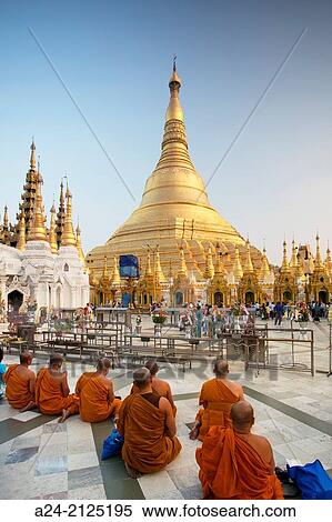 , Myanmar, Yangon City, Shwedagon Pagoda, monks praying. View Large Photo Image Stock Photography - , Myanmar, Yangon City, Shwedagon Pagoda, monks praying.. Fotosearch