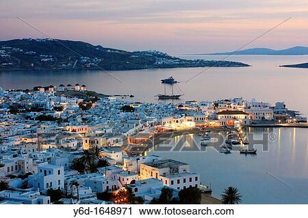 Mykonos Town at Sunset, Mykonos, Cyclades, Greece View Large Photo Image Stock Image - Mykonos Town at Sunset, Mykonos, Cyclades, Greece. Fotosearch