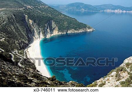 Stock Image - Myrtos Mirtos Beach, from cliff top, Myrtos, Kefalonia, Greece. Fotosearch