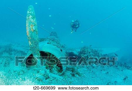 Stock Photo - Nakajima B5N2 Kate Torpedo Bomber and Scuba diver, Papua New Guinea, New Ireland, Kavieng. Fotosearch