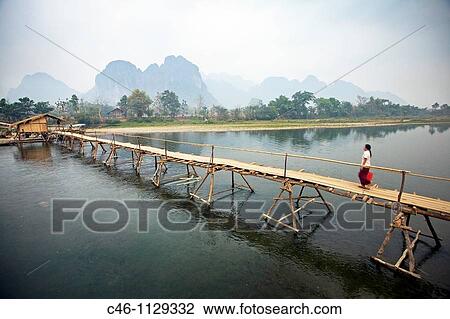 Nam Xong River. Bambu bridge. Vang Viang. Laos. View Large Photo Image Stock Image - Nam Xong River. Bambu bridge. Vang Viang. Laos.. Fotosearch