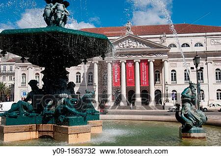 Stock Image - National Theatre D Maria II, Rossio Square, Lisbon Portugal. Fotosearch