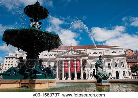 Stock Photo - National Theatre D Maria II, Rossio Square, Lisbon Portugal. Fotosearch