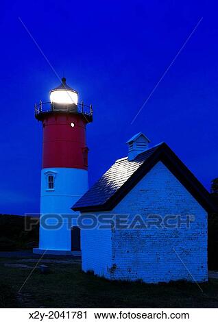 Stock Image - Nauset Lighthouse at night, Eastham, Cape Cod, Massachusetts, USA.. Fotosearch