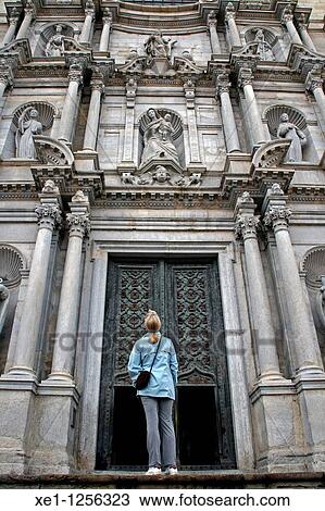 Stock Image - Neoclassical facade from the St Maria Cathedral, Girona, Catalonia, Spain.. Fotosearch