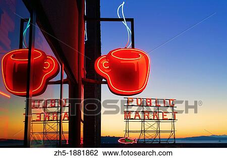 Neon sign near Pike Place market in Seattle View Large Photo Image Stock Image - Neon sign near Pike Place market in Seattle. Fotosearch