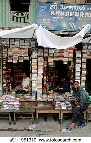 Stock Image - Nepal, City of Kahtmandu, popular street and shops close to the durbar royal square, spices shop. Fotosearch