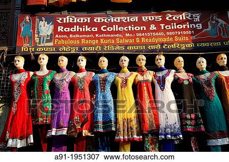 Stock Photo - Nepal, City of Kahtmandu, popular street and shops close to the durbar royal square, women dresses shop. Fotosearch