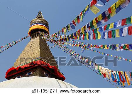 Nepal, City of Katmandu, buddhist Boudnath tibetan temple, the big stuipa and prayers flags View Large Photo Image Stock Image - Nepal, City of Katmandu, buddhist Boudnath tibetan temple, the big stuipa and prayers flags. Fotosearch