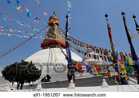 Nepal, City of Katmandu, buddhist Boudnath tibetan temple, the big stuipa and prayers flags View Large Photo Image Stock Photo - Nepal, City of Katmandu, buddhist Boudnath tibetan temple, the big stuipa and prayers flags. Fotosearch