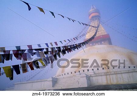 NEPAL, KATHMANDU, BOUDHNATH, TIBETAN STUPA (TEMPLE) IN FOG, PRAYER FLAGS. View Large Photo Image Stock Photograph - NEPAL, KATHMANDU, BOUDHNATH, TIBETAN STUPA (TEMPLE) IN FOG, PRAYER FLAGS.. Fotosearch