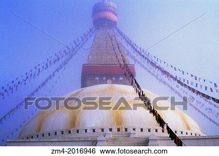 NEPAL, KATHMANDU, BOUDHNATH, TIBETAN STUPA (TEMPLE) IN FOG, PRAYER FLAGS. View Large Photo Image Stock Photograph - NEPAL, KATHMANDU, BOUDHNATH, TIBETAN STUPA (TEMPLE) IN FOG, PRAYER FLAGS.. Fotosearch