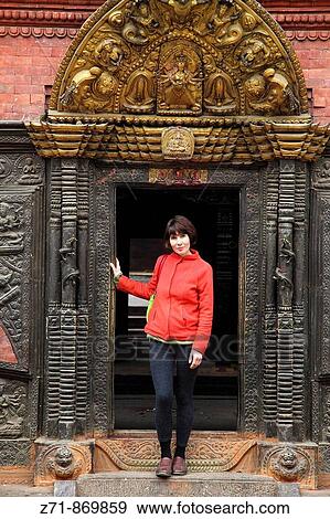 Nepal, Kathmandu Valley, Bhaktapur, Navadurga hindu shrine, western tourist View Large Photo Image Stock Photo - Nepal, Kathmandu Valley, Bhaktapur, Navadurga hindu shrine, western tourist. Fotosearch