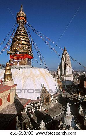 Stock Photograph - Nepal, Swayambunath, Swoyambhu, Buddhist Temple, Stupa. Fotosearch