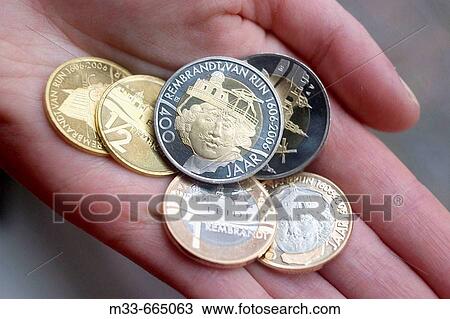 Stock Image - Netherlands - South Holland - Leiden - Special euros to conmemorate the 400 anniversary of Rembrandt. These euros are useful only in Leiden. Leiden is the city where the painter was born in the 15th of July 1606. Fotosearch
