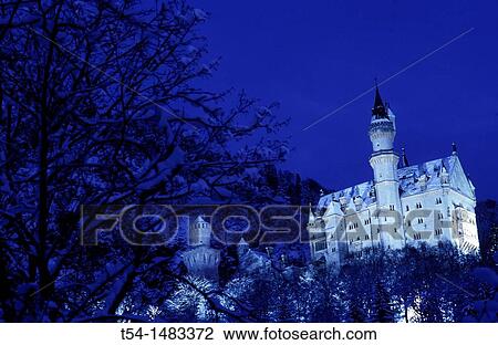 Neuschwanstein castle in a winter night View Large Photo Image Stock Image - Neuschwanstein castle in a winter night. Fotosearch