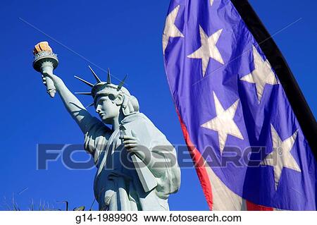 Stock Image - Nevada, Las Vegas, West Sahara Avenue, replica, scale model, Statue of Liberty, flag.. Fotosearch