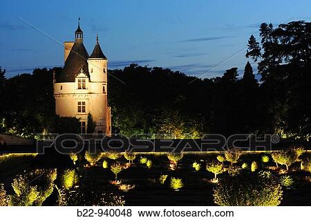 Stock Photo - New lightening by Diane's garden, night-time promenade, Ch? teau de Chenonceau, Indre-et-Loire, Loire Valley, Centre, France. Fotosearch